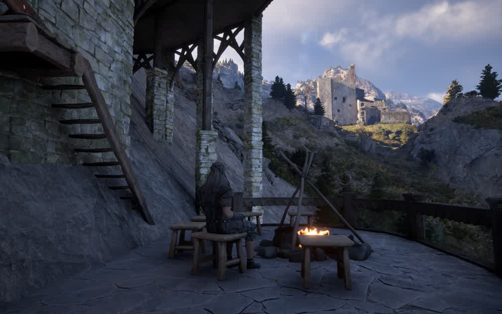 Thorald sits at a campfire while observing enemy movements in a nearby castle.