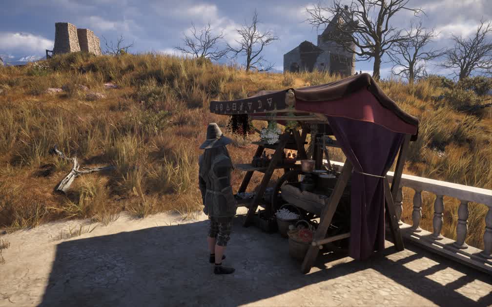 Thorald searches for a deal in front of a market stall.
