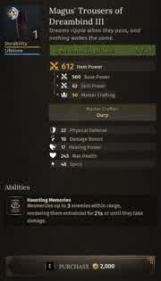 Magus' Trousers of Dreambind III are displayed in a market stall.