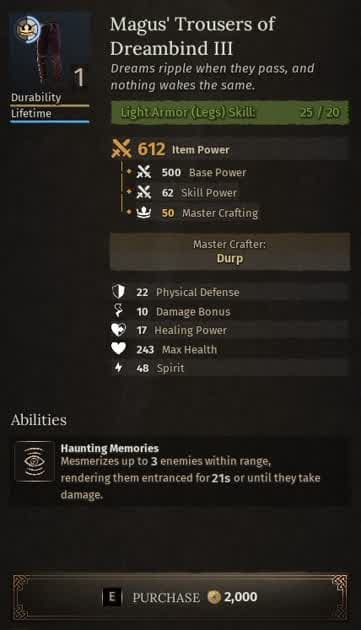 Magus' Trousers of Dreambind III are displayed in a market stall.